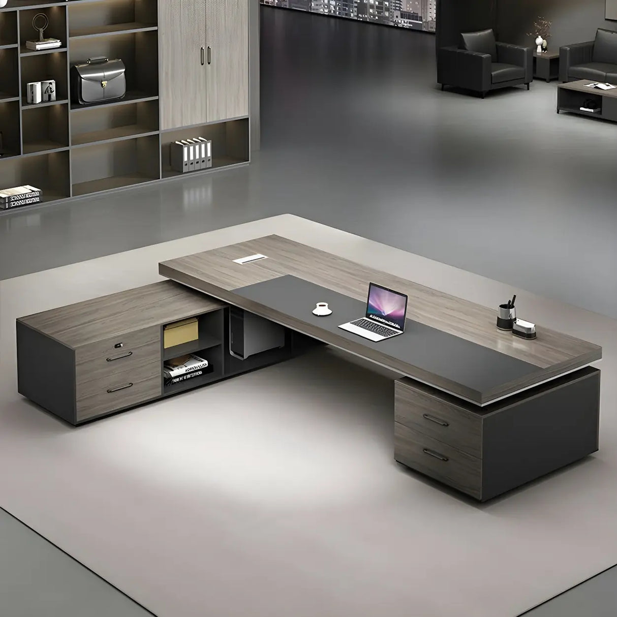 Gray Wood Long Length Executive Desk with Storage Image - 4
