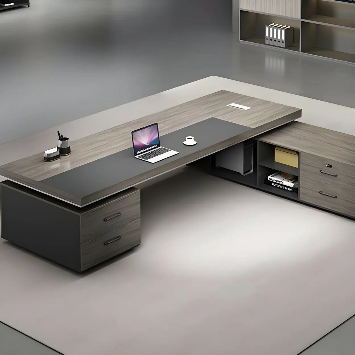 Gray Wood Long Length Executive Desk with Storage Image - 6