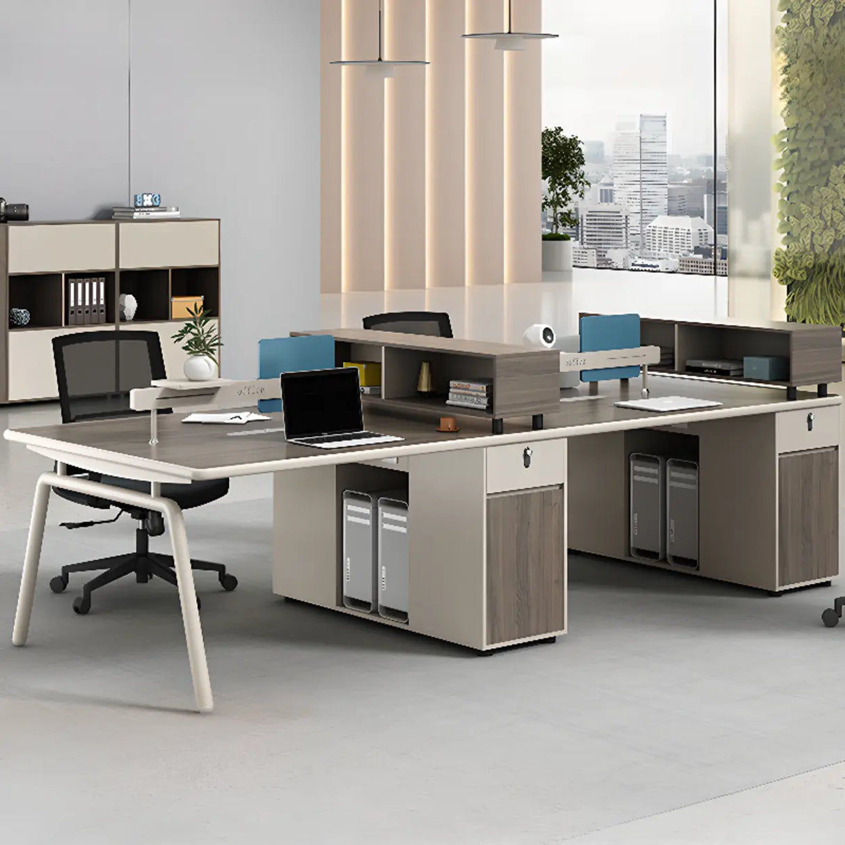 Gray Wooden Computer Desk with Drawers and Cabinets Image - 1