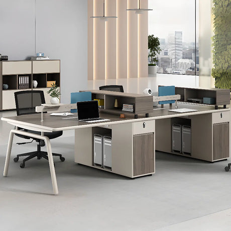 Gray Wooden Computer Desk with Drawers and Cabinets Image - 1