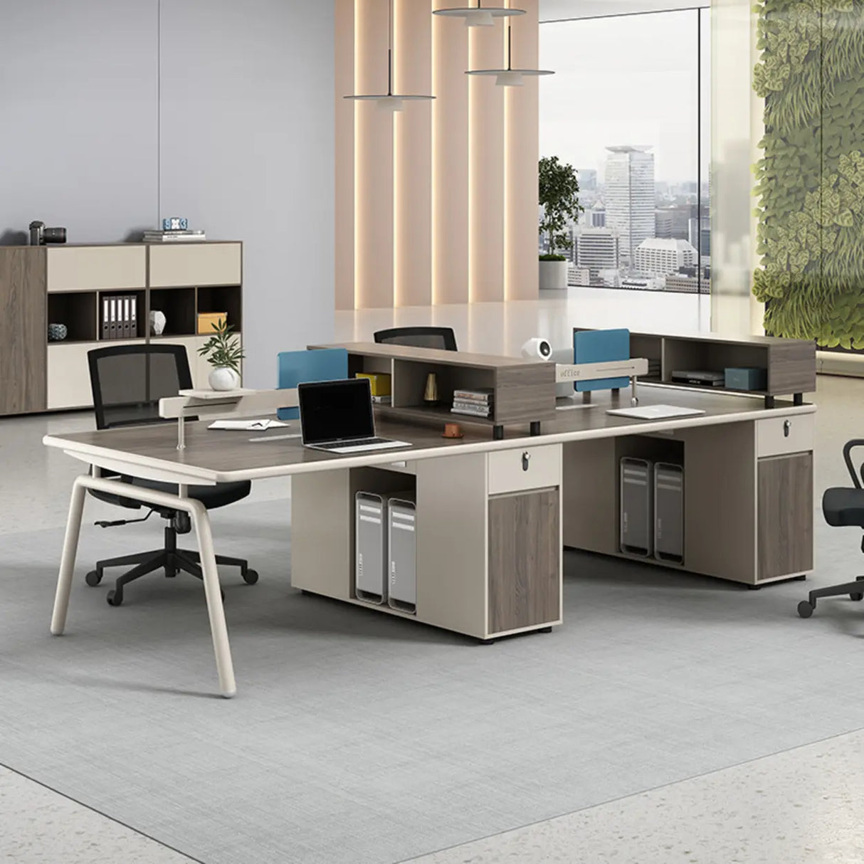 Gray Wooden Computer Desk with Drawers and Cabinets Image - 4