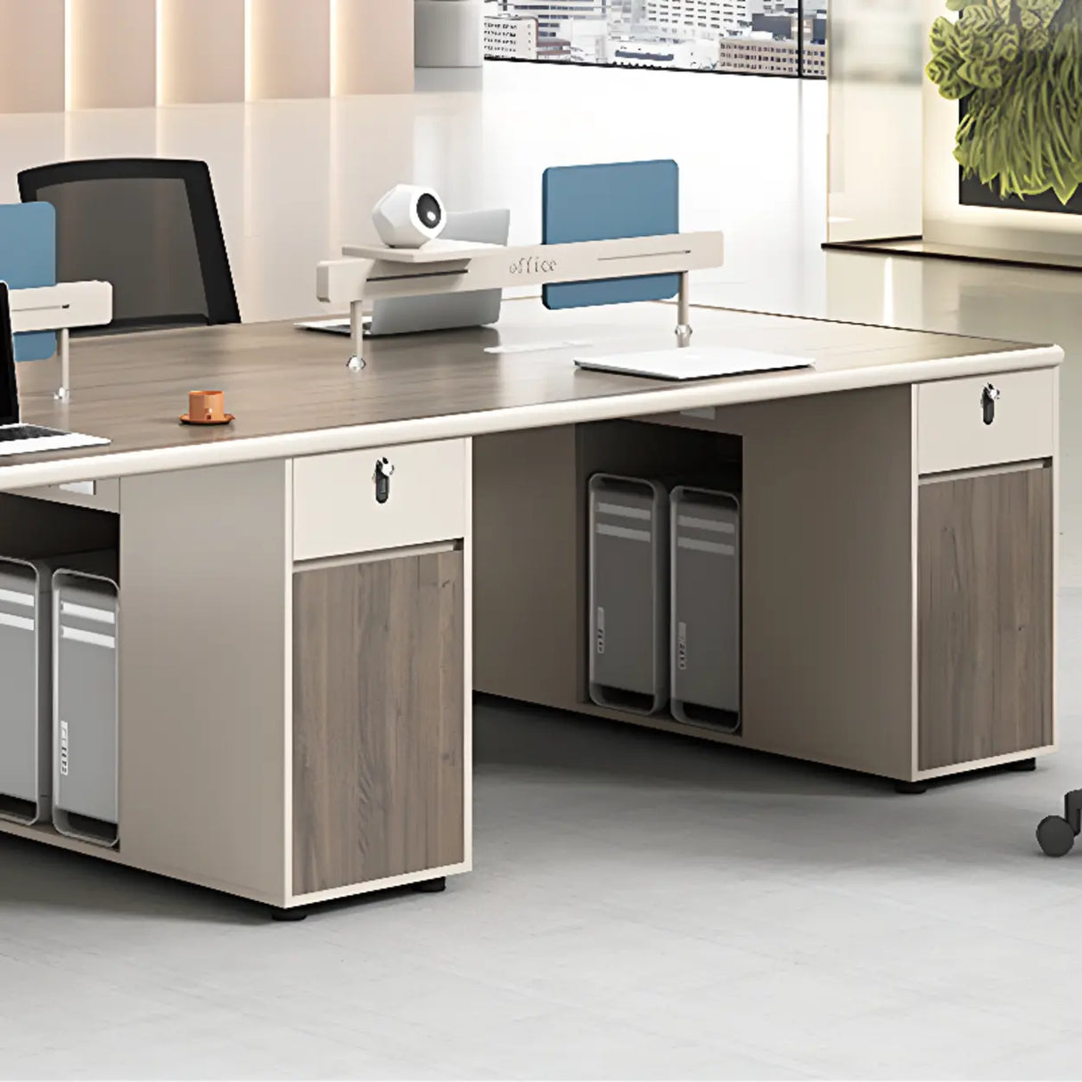 Gray Wooden Computer Desk with Drawers and Cabinets Image - 9