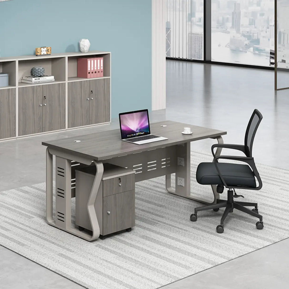 Gray Wooden Computer Desk with Drawers and Storage Image - 1