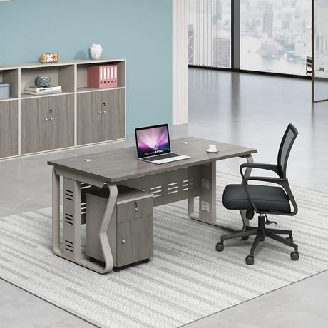 Gray Wooden Computer Desk with Drawers and Storage Image - 1
