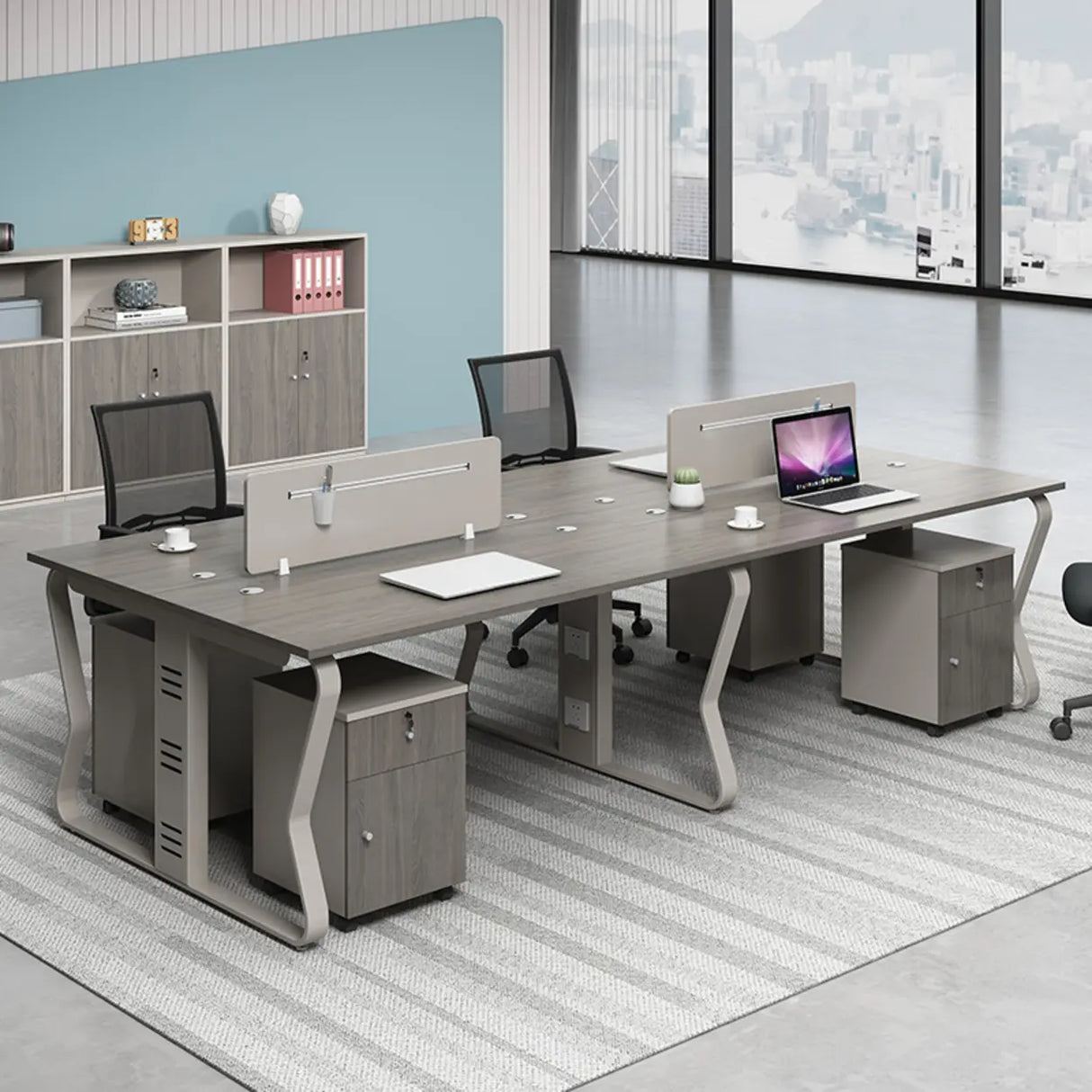 Gray Wooden Computer Desk with Drawers and Storage Image - 3