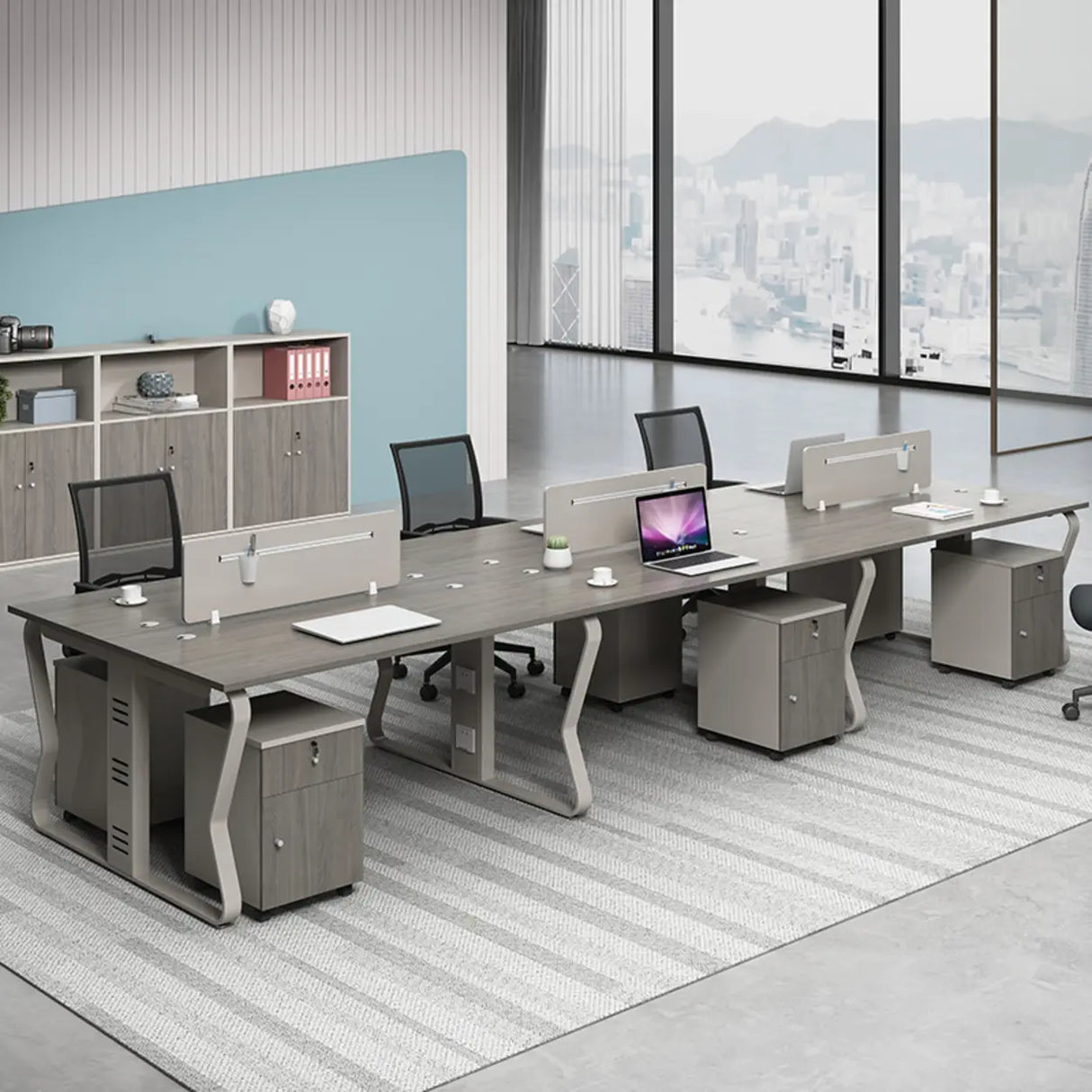 Gray Wooden Computer Desk with Drawers and Storage Image - 4