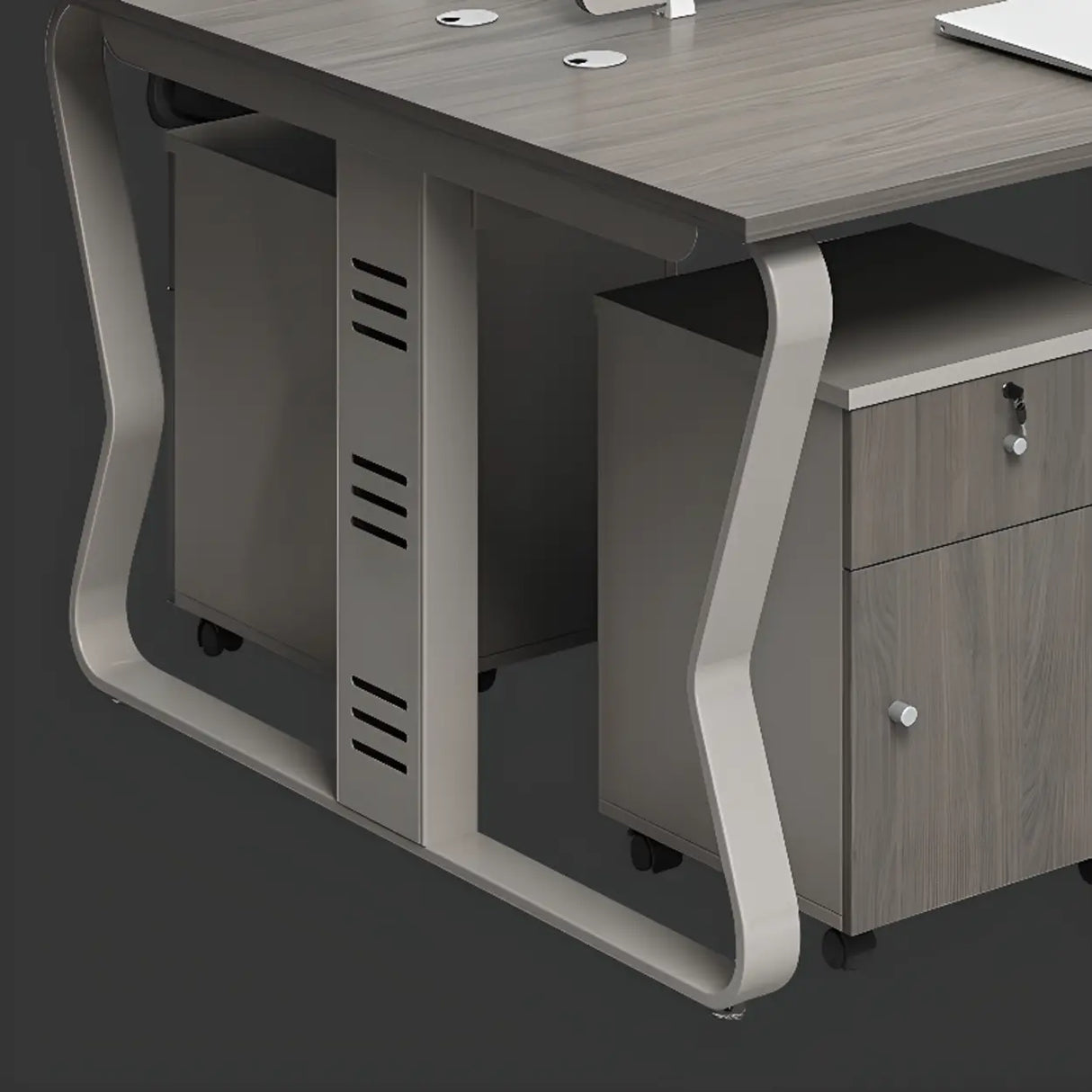 Gray Wooden Computer Desk with Drawers and Storage Image - 8