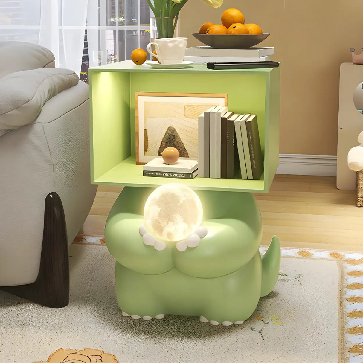 Green Animals Theme Resin Open Storage Kids Nightstand Image - 1