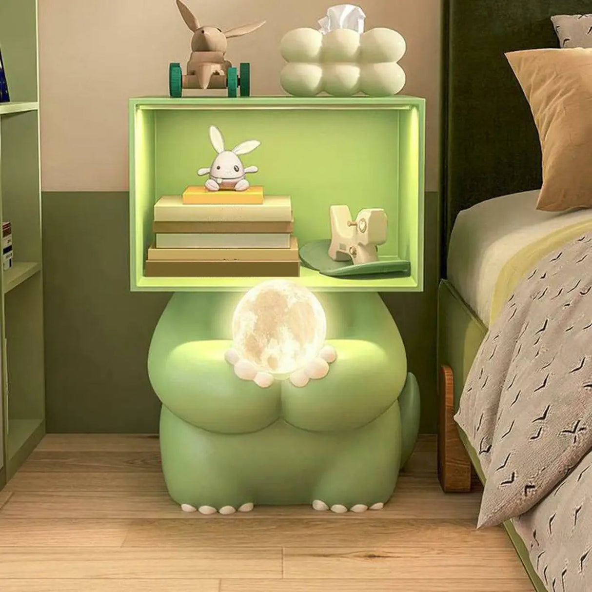 Green Animals Theme Resin Open Storage Kids Nightstand Image - 3