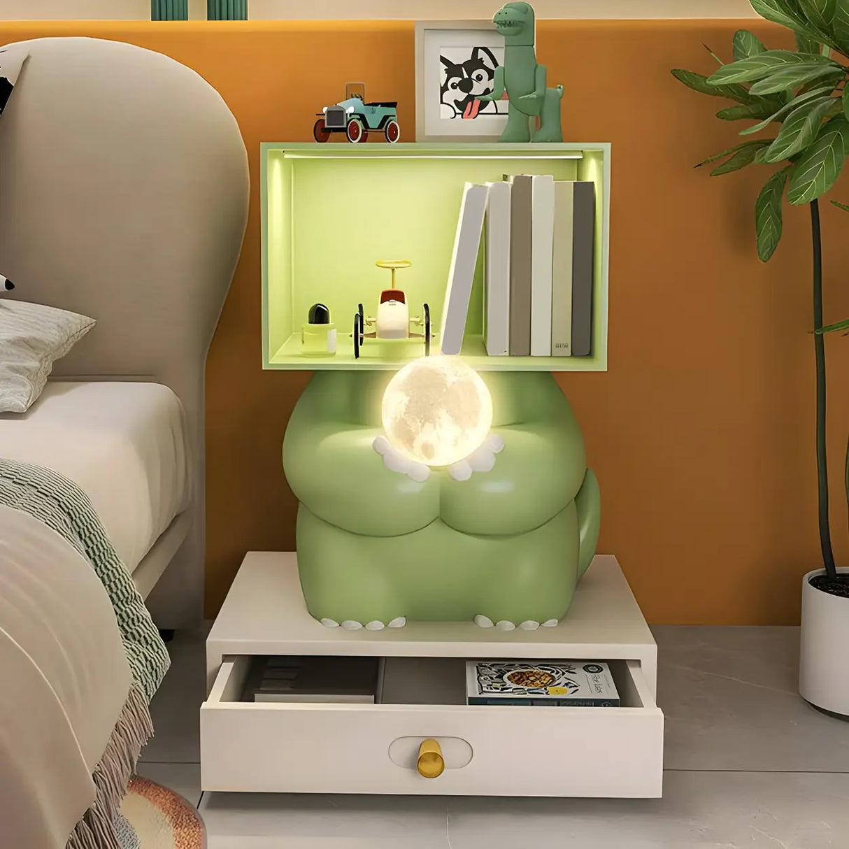 Green Animals Theme Resin Open Storage Kids Nightstand Image - 4