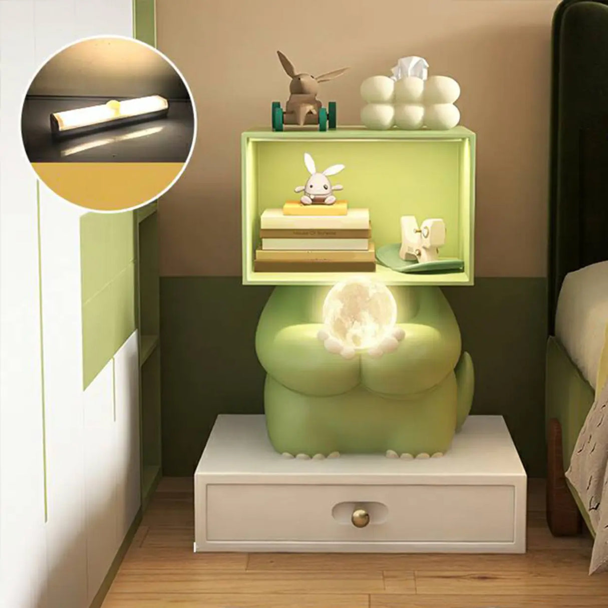 Green Animals Theme Resin Open Storage Kids Nightstand Image - 5