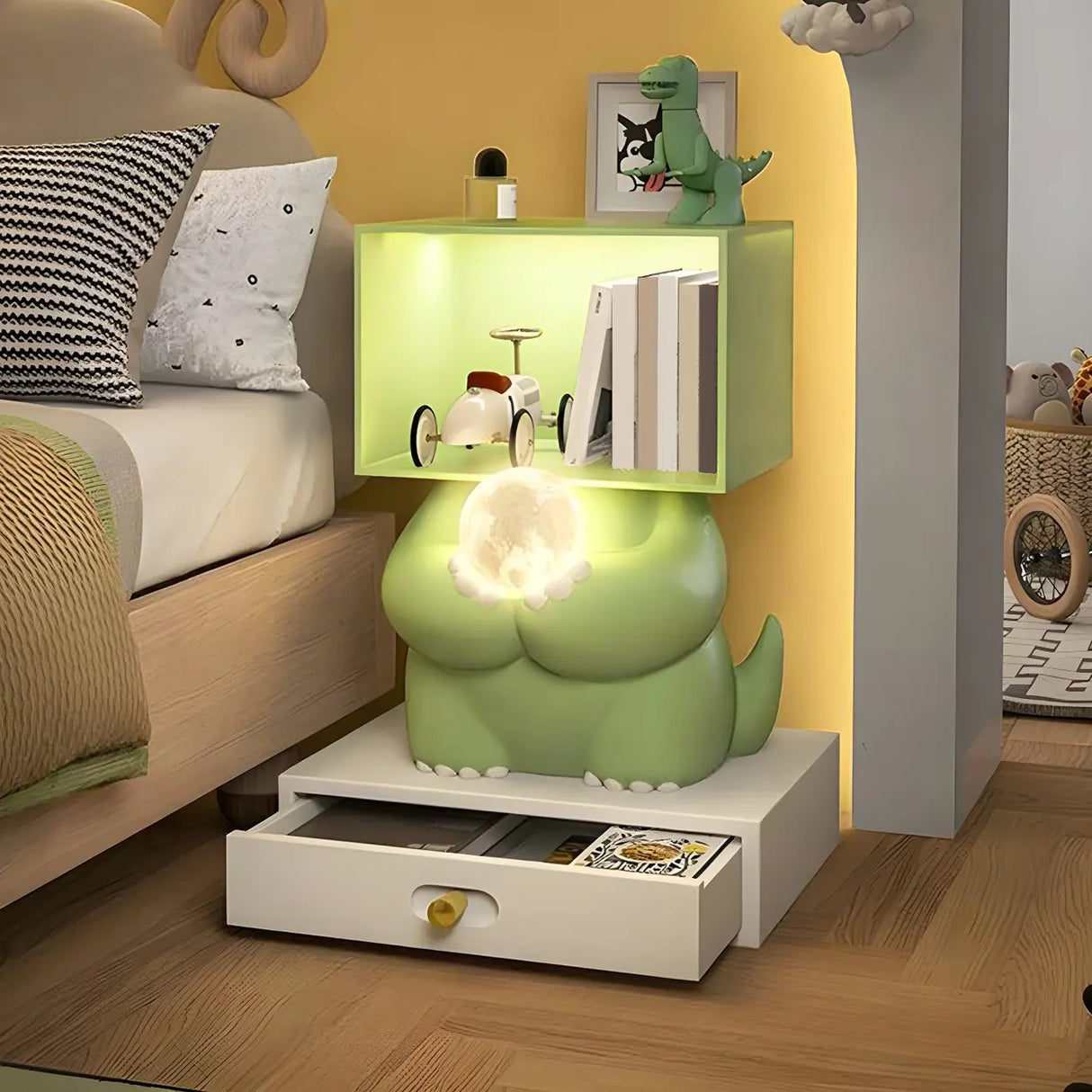 Green Animals Theme Resin Open Storage Kids Nightstand Image - 8