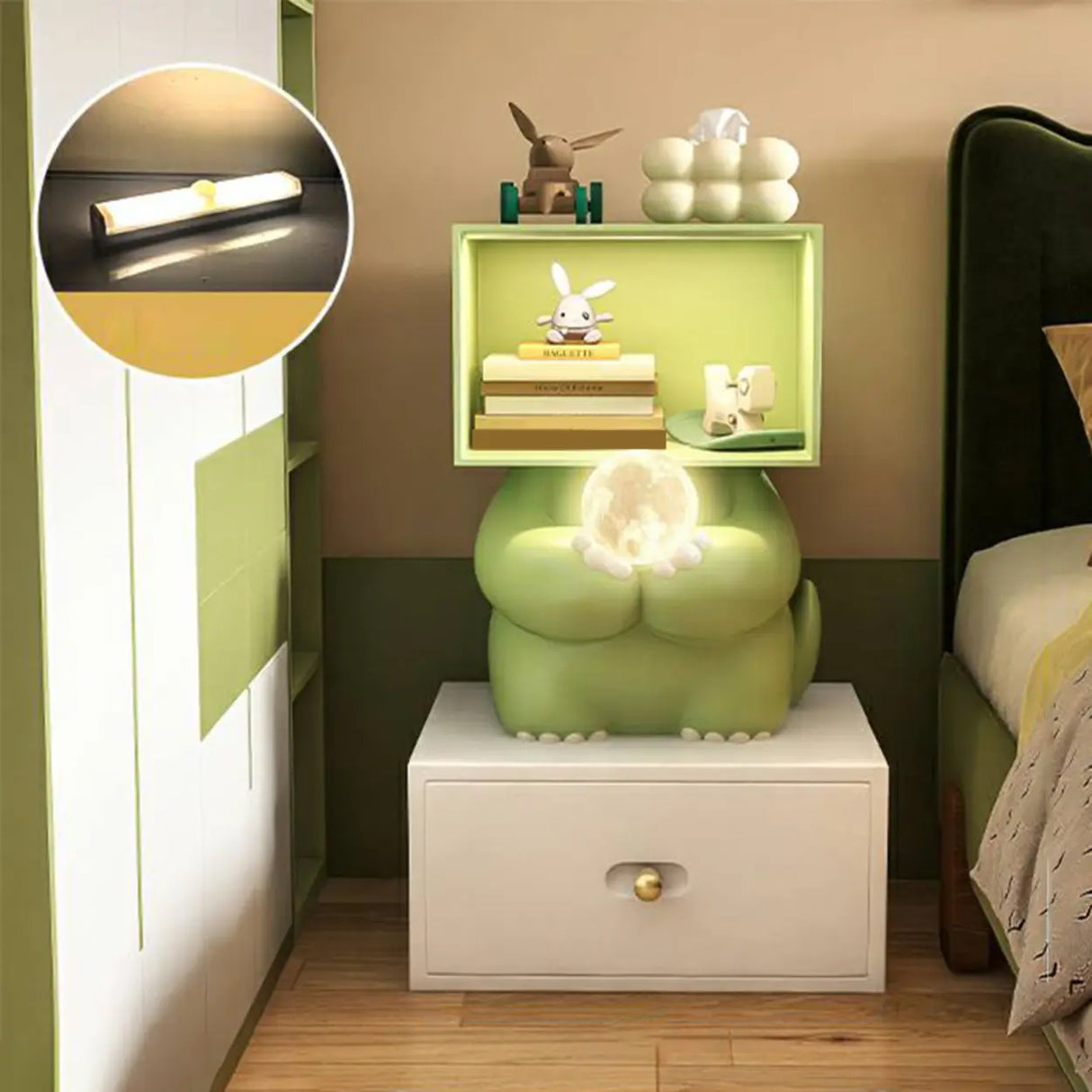 Green Animals Theme Resin Open Storage Kids Nightstand Image - 9