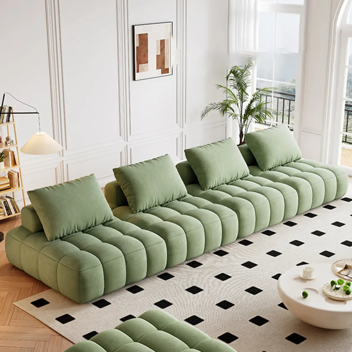 Green Baby Fleece Pillow Back Concealed Support Sofa Image - 1