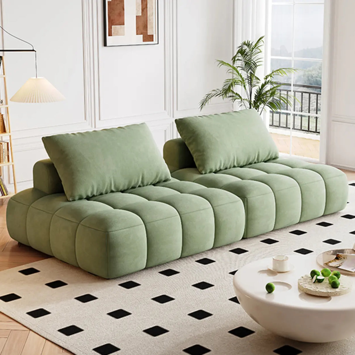 Green Baby Fleece Pillow Back Concealed Support Sofa Image - 4