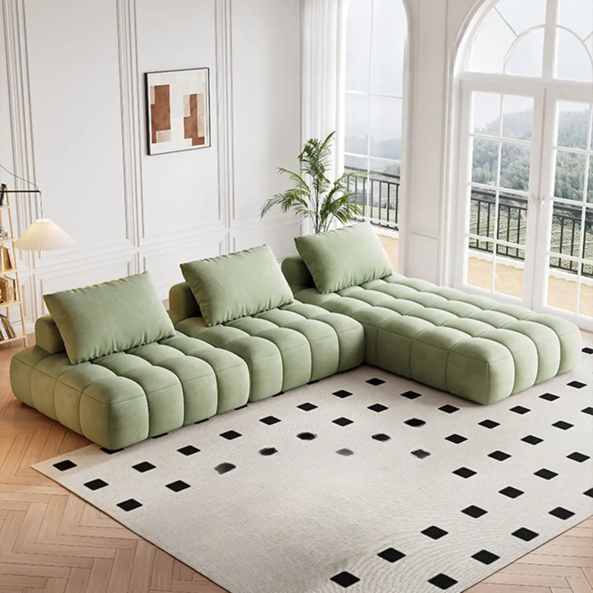 Green Baby Fleece Pillow Back Concealed Support Sofa Image - 8