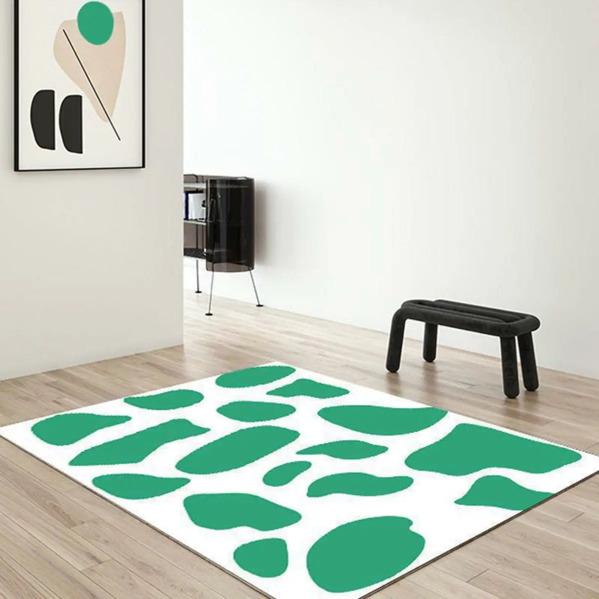 Green Color Block Rectangle Polyester White Area Rug Image - 1