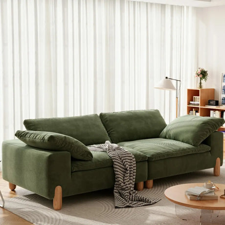 Green Corduroy Tuxedo Arm Loose Back Wood Leg Sofa Image - 1