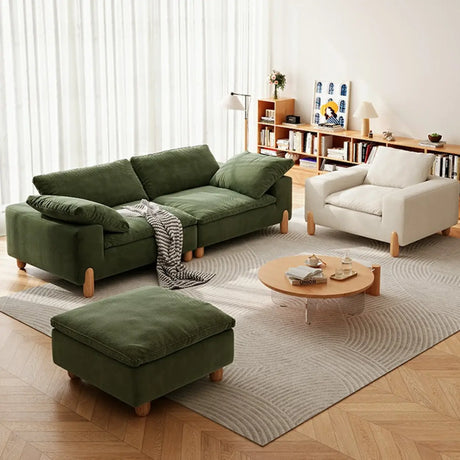 Green Corduroy Tuxedo Arm Loose Back Wood Leg Sofa Image - 2