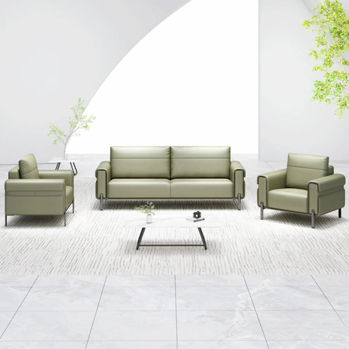 Green Faux Leather Reception Loveseat Set with Legs Image - 1