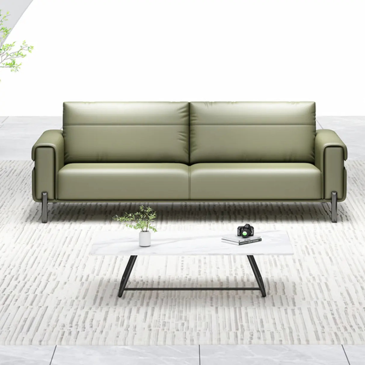 Green Faux Leather Reception Loveseat Set with Legs Image - 4