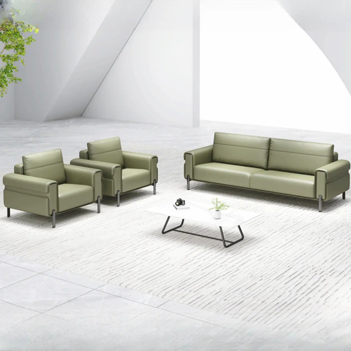 Green Faux Leather Reception Loveseat Set with Legs Image - 8