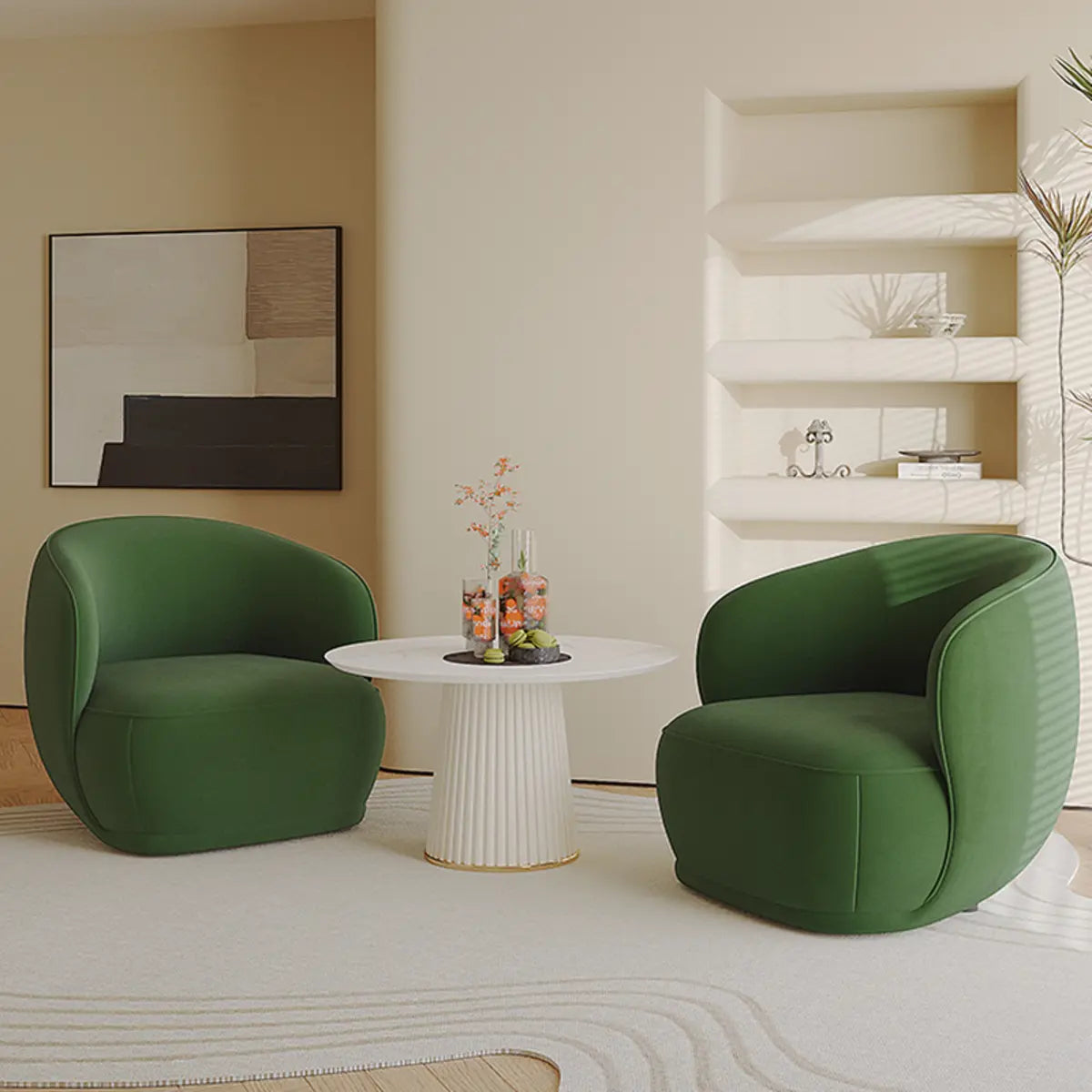Green Flannel Curved Back Pine Wood Frame Accent Chair Image - 4