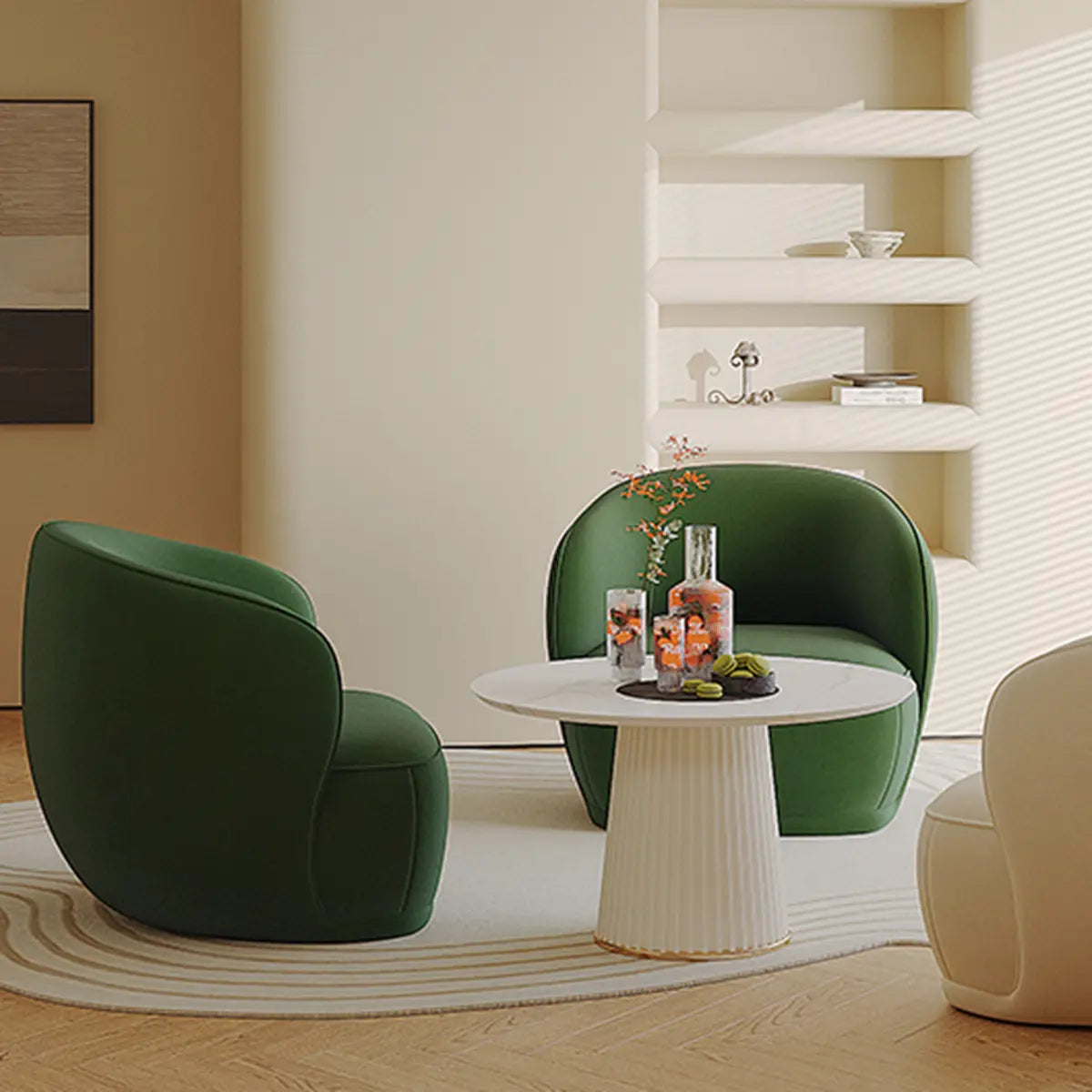 Green Flannel Curved Back Pine Wood Frame Accent Chair Image - 7