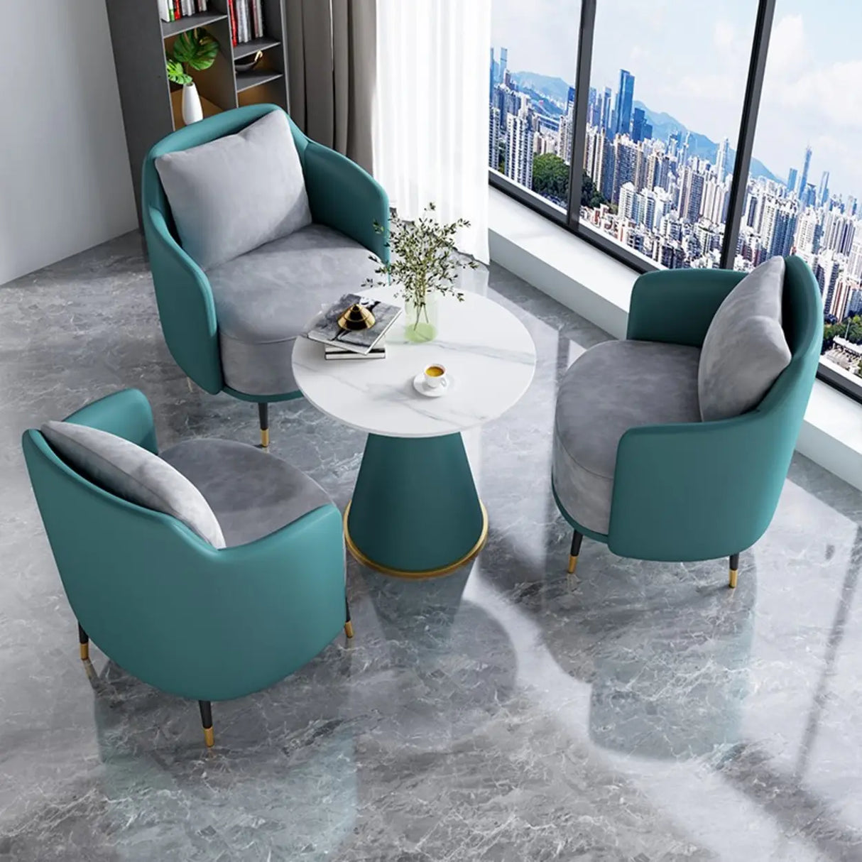 Green Grey Fabric Single Sofa Seating Group with Table Image - 10