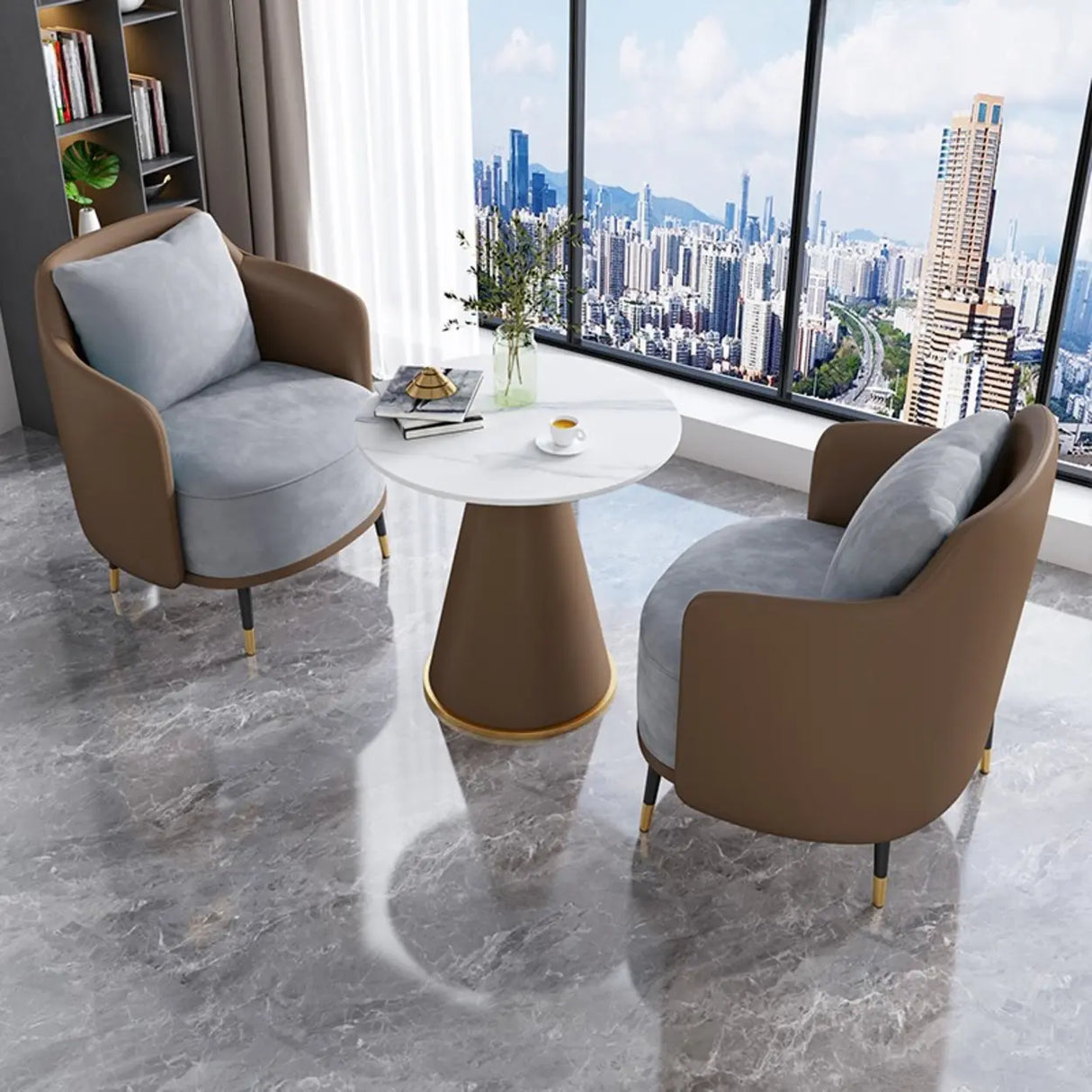 Green Grey Fabric Single Sofa Seating Group with Table Image - 3