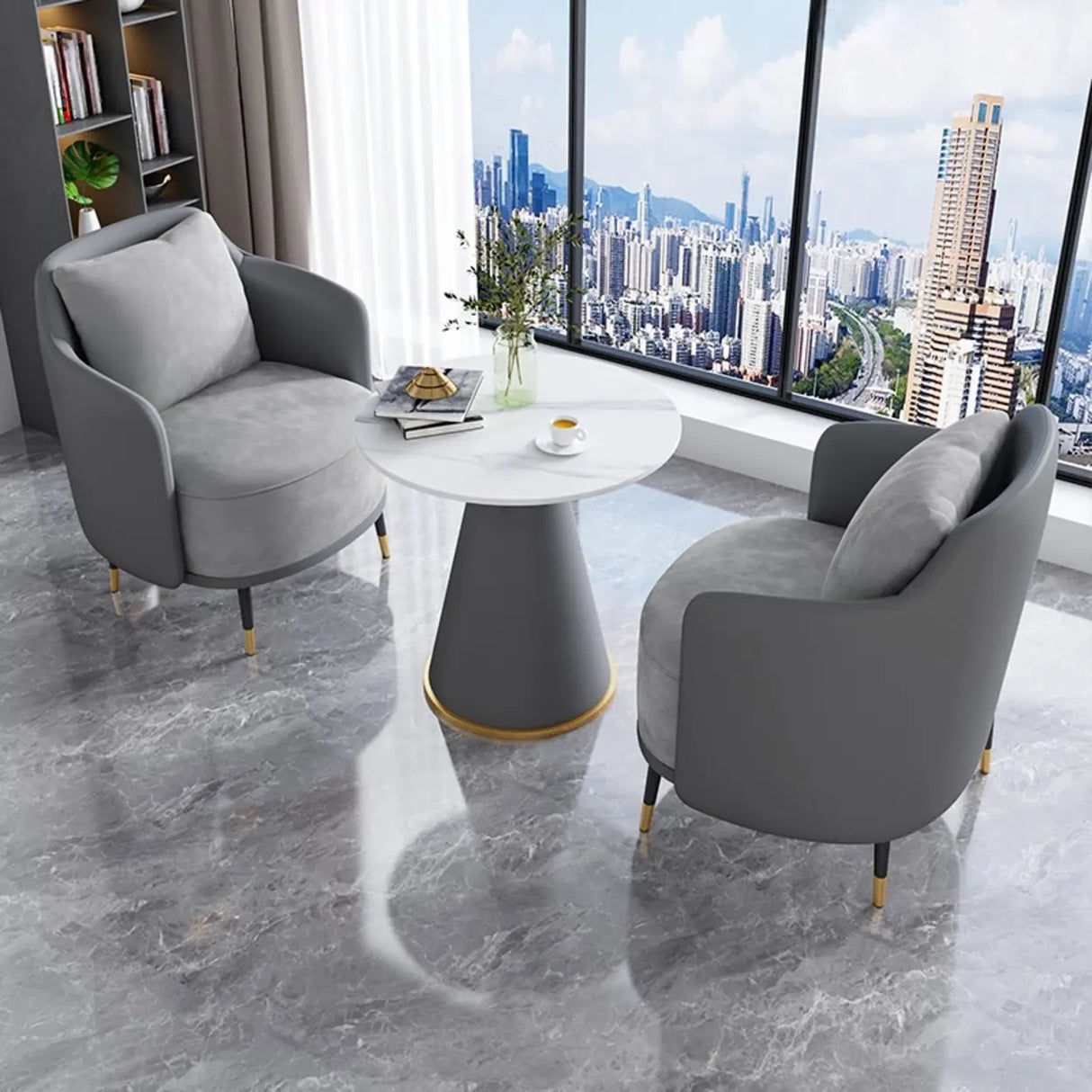 Green Grey Fabric Single Sofa Seating Group with Table Image - 4