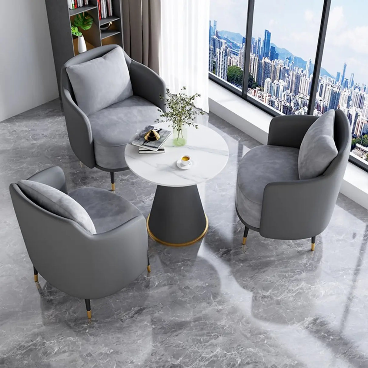 Green Grey Fabric Single Sofa Seating Group with Table Image - 6