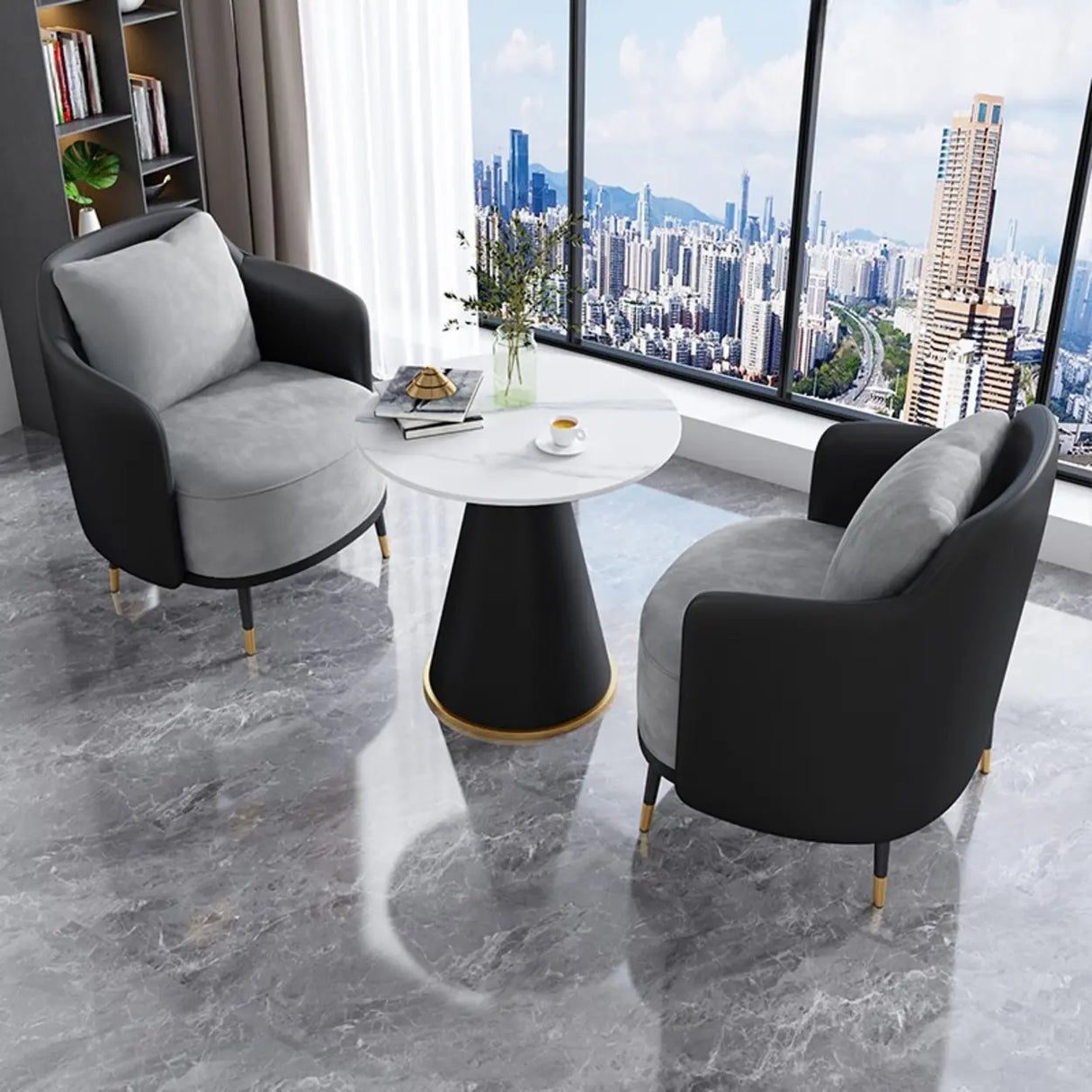 Green Grey Fabric Single Sofa Seating Group with Table Image - 7
