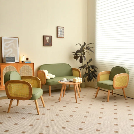 Green Leather Track Arm Fixed Back Solid Wood Arm Chair Image - 1