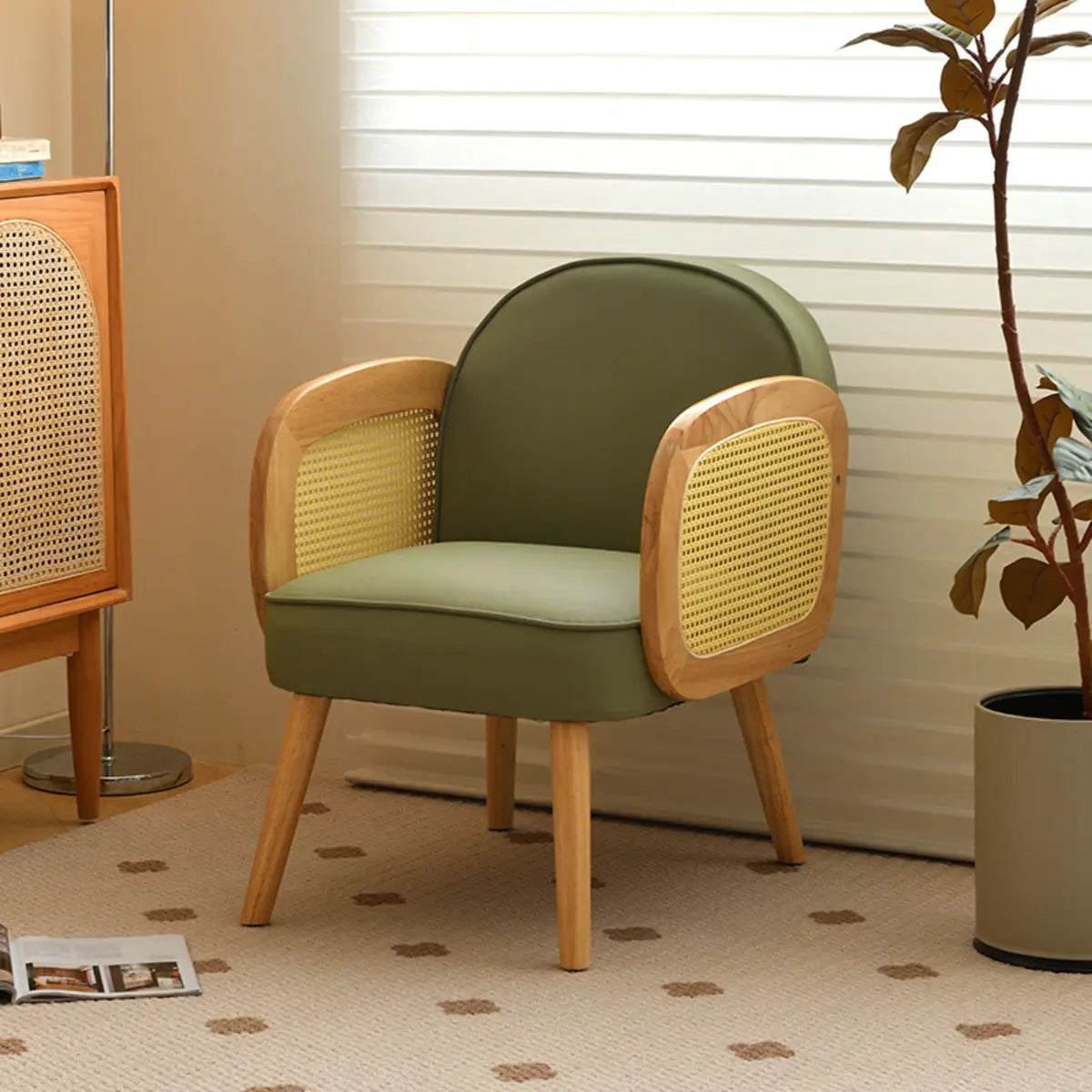 Green Leather Track Arm Fixed Back Solid Wood Arm Chair Image - 7