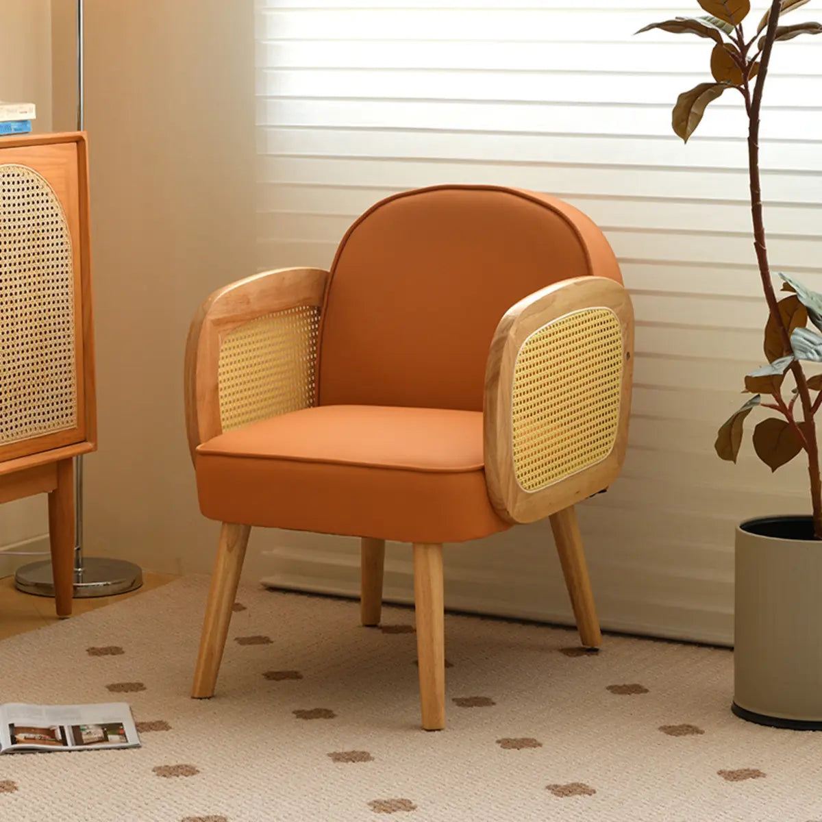 Green Leather Track Arm Fixed Back Solid Wood Arm Chair Image - 8