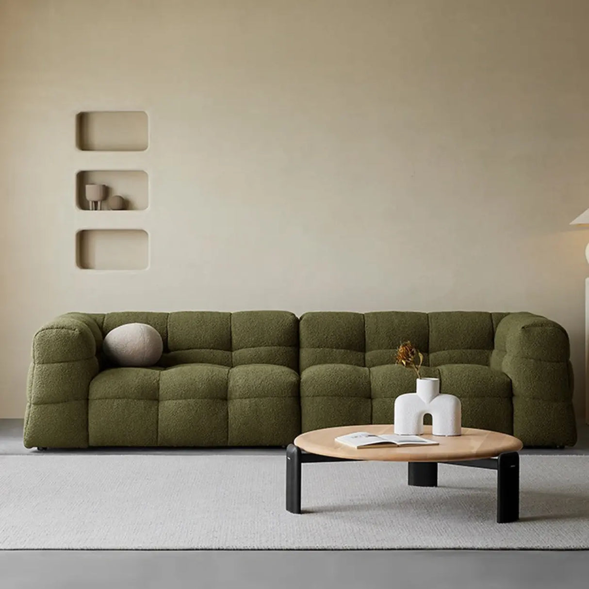 Green Mohair Square Arm Biscuit Back Sofa with Pillow Image - 1