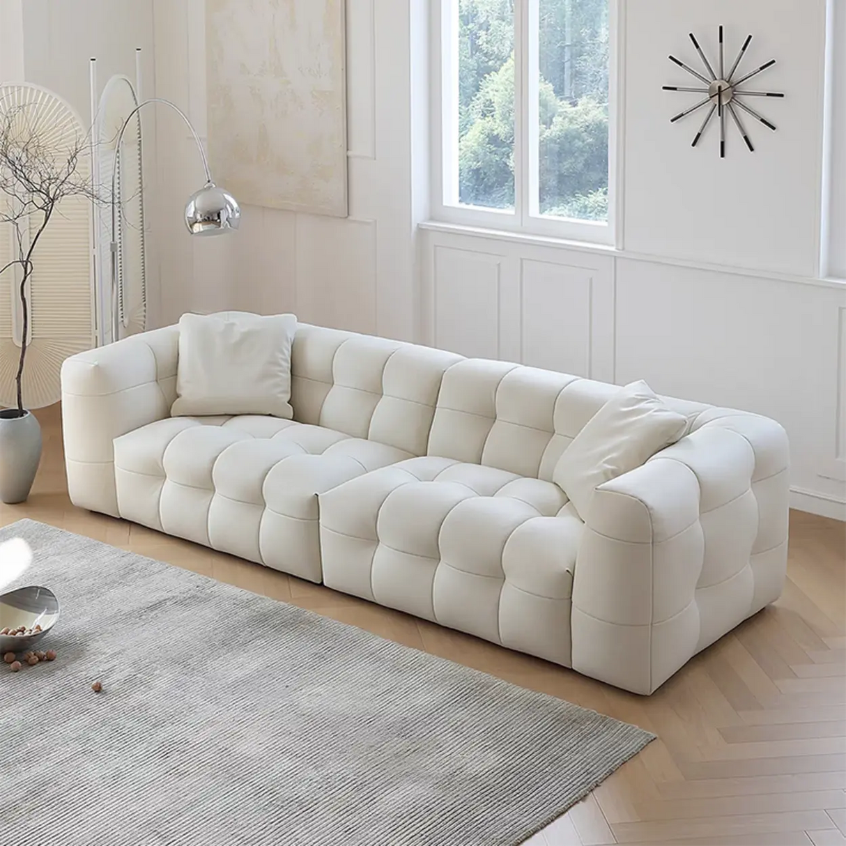 Green Mohair Square Arm Biscuit Back Sofa with Pillow Image - 15