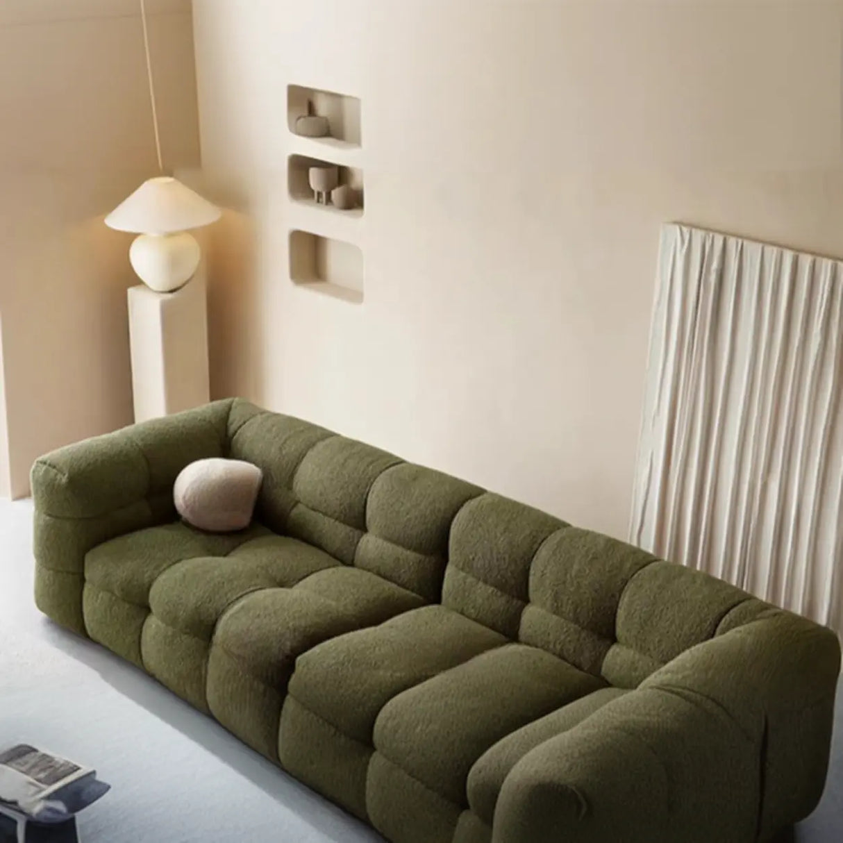 Green Mohair Square Arm Biscuit Back Sofa with Pillow Image - 6