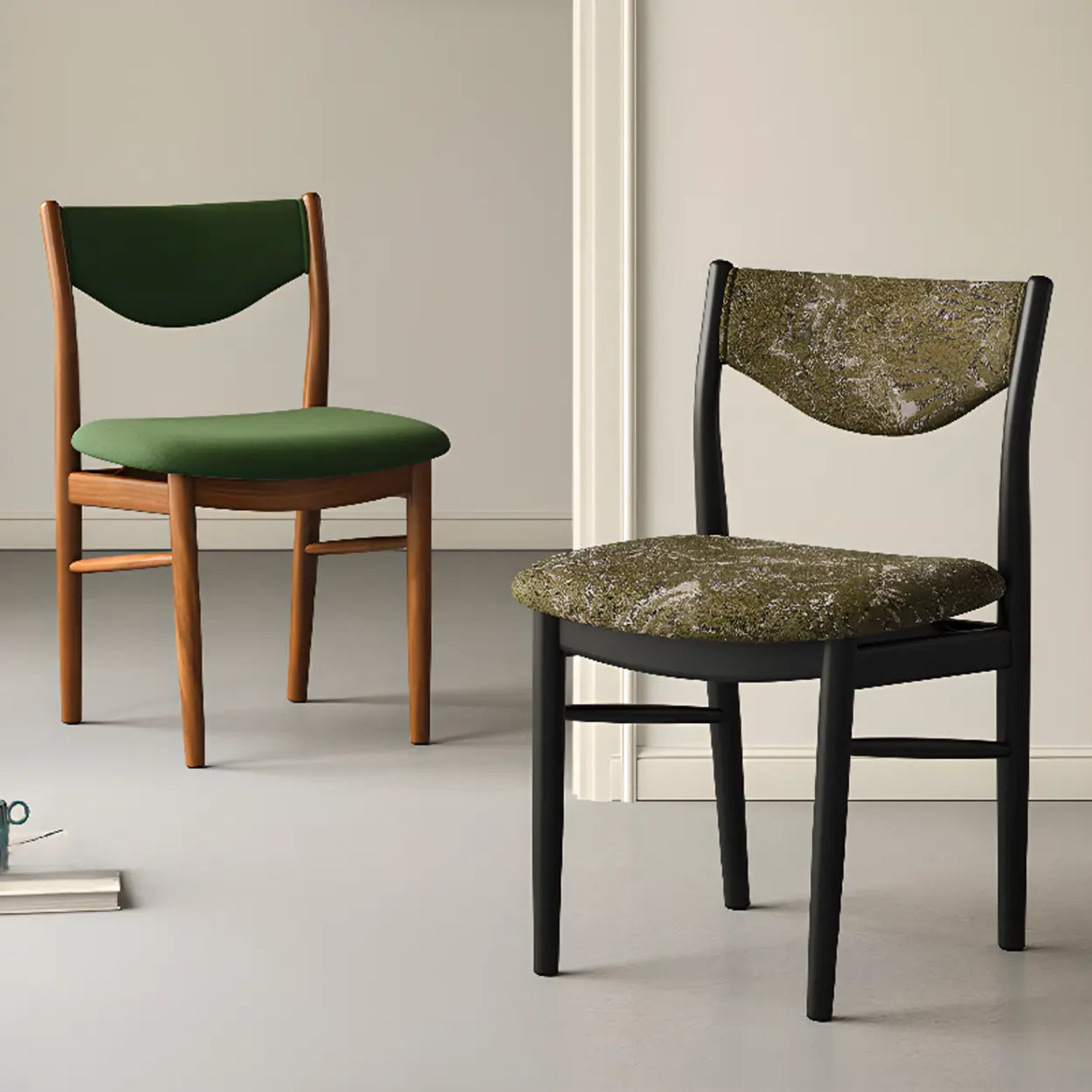 Green Open Back Armless Wood Fabric Seat Dining Chair Image - 4