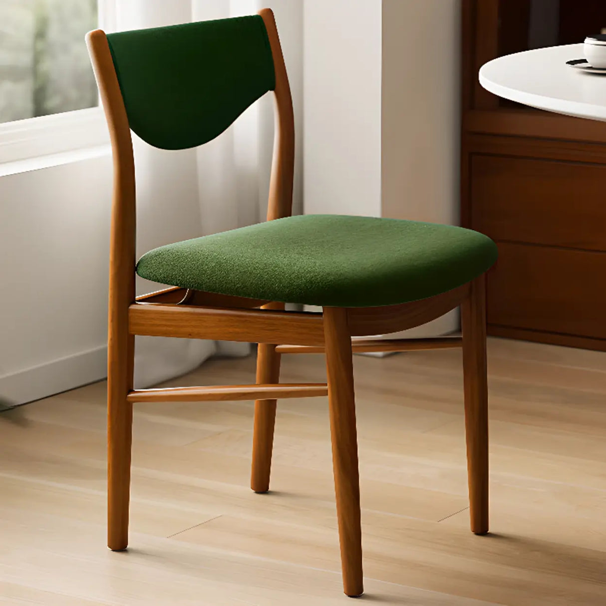 Green Open Back Armless Wood Fabric Seat Dining Chair Image - 6
