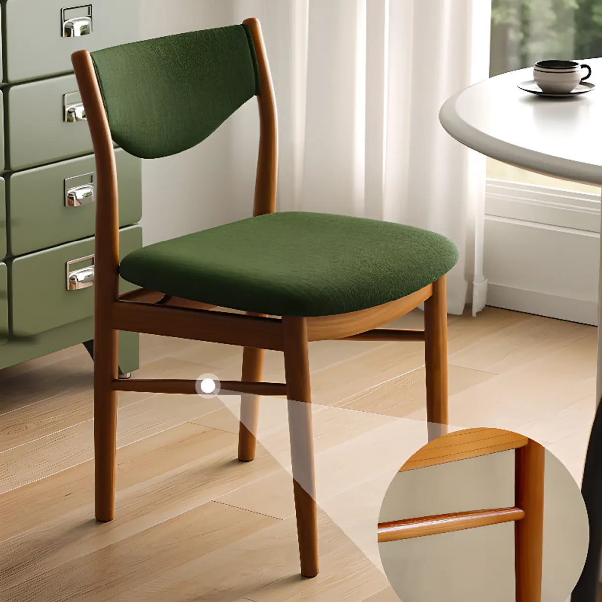Green Open Back Armless Wood Fabric Seat Dining Chair Image - 8