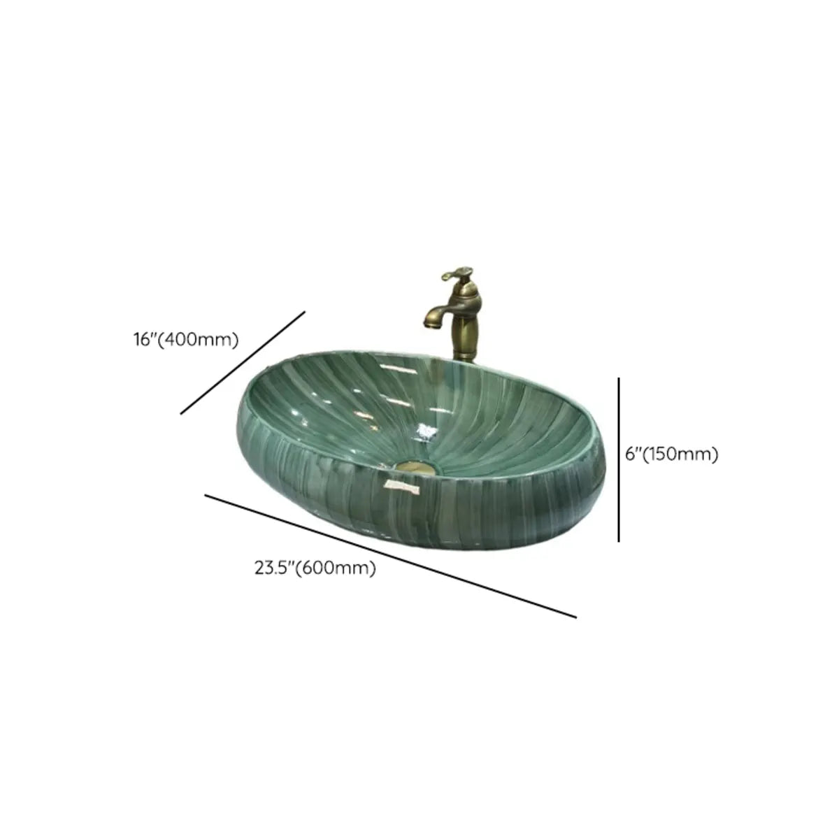 Green Oval Vitreous China Vessel Sink with Supply Lines 