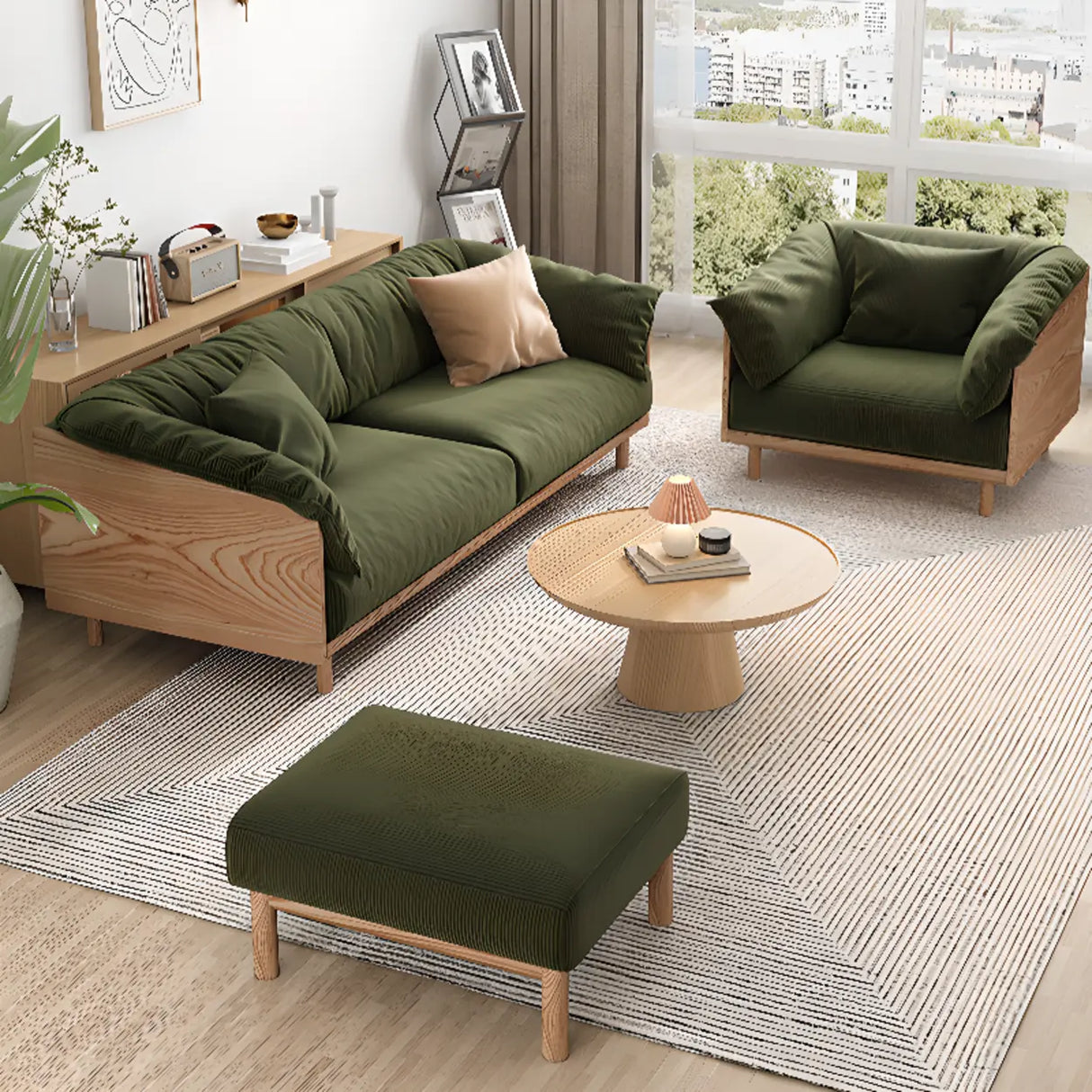 Green Scratch Resistant Fabric Removable Cushion Sofa Image - 7