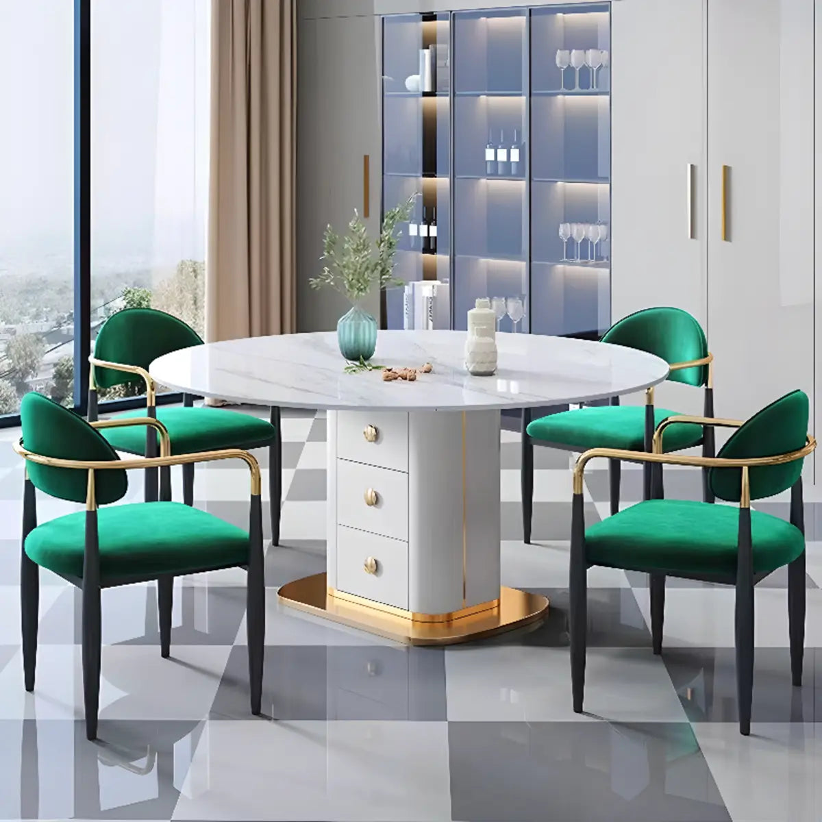 Green Soft Open Back Armrest Upholstered Dining Chair Image - 2