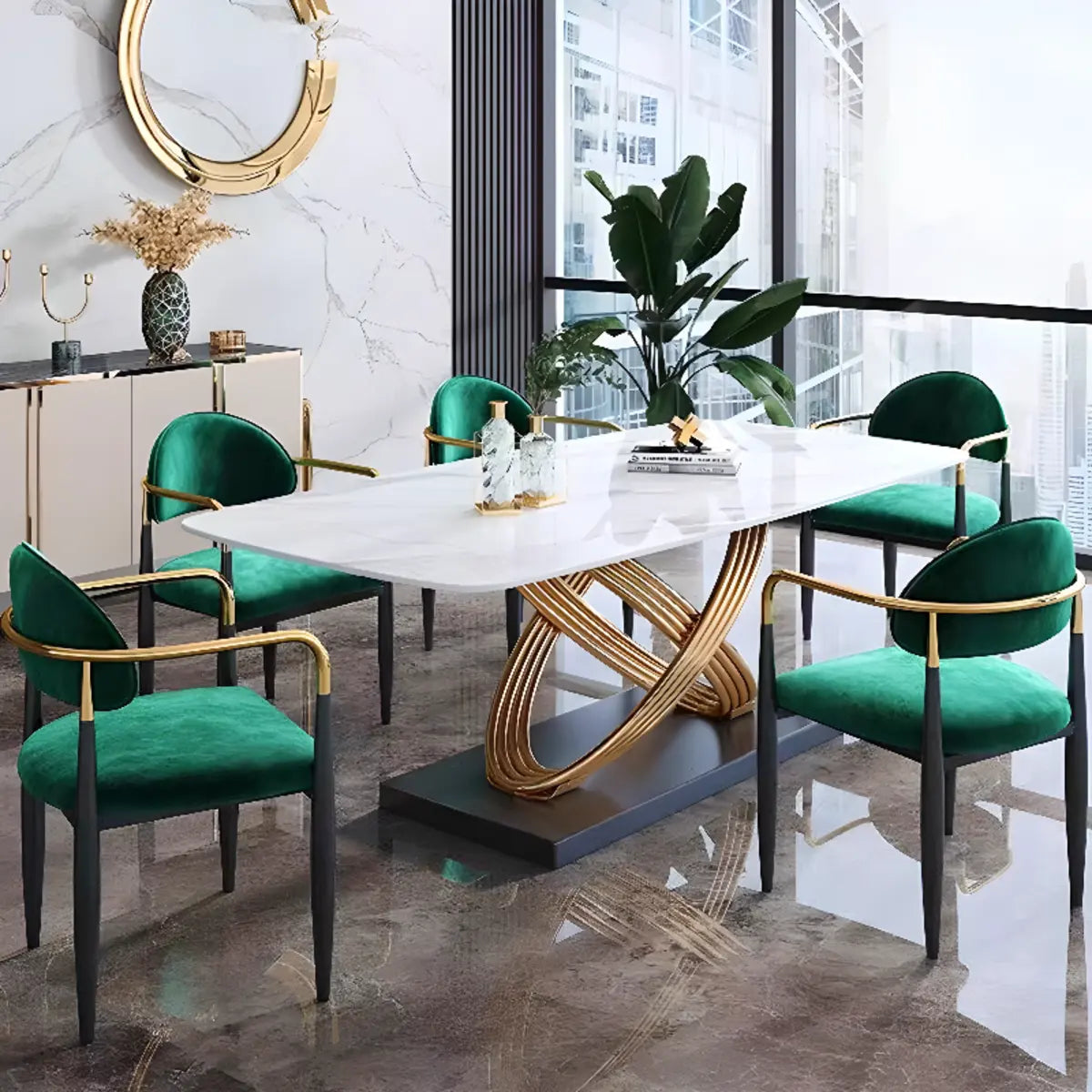 Green Soft Open Back Armrest Upholstered Dining Chair Image - 3