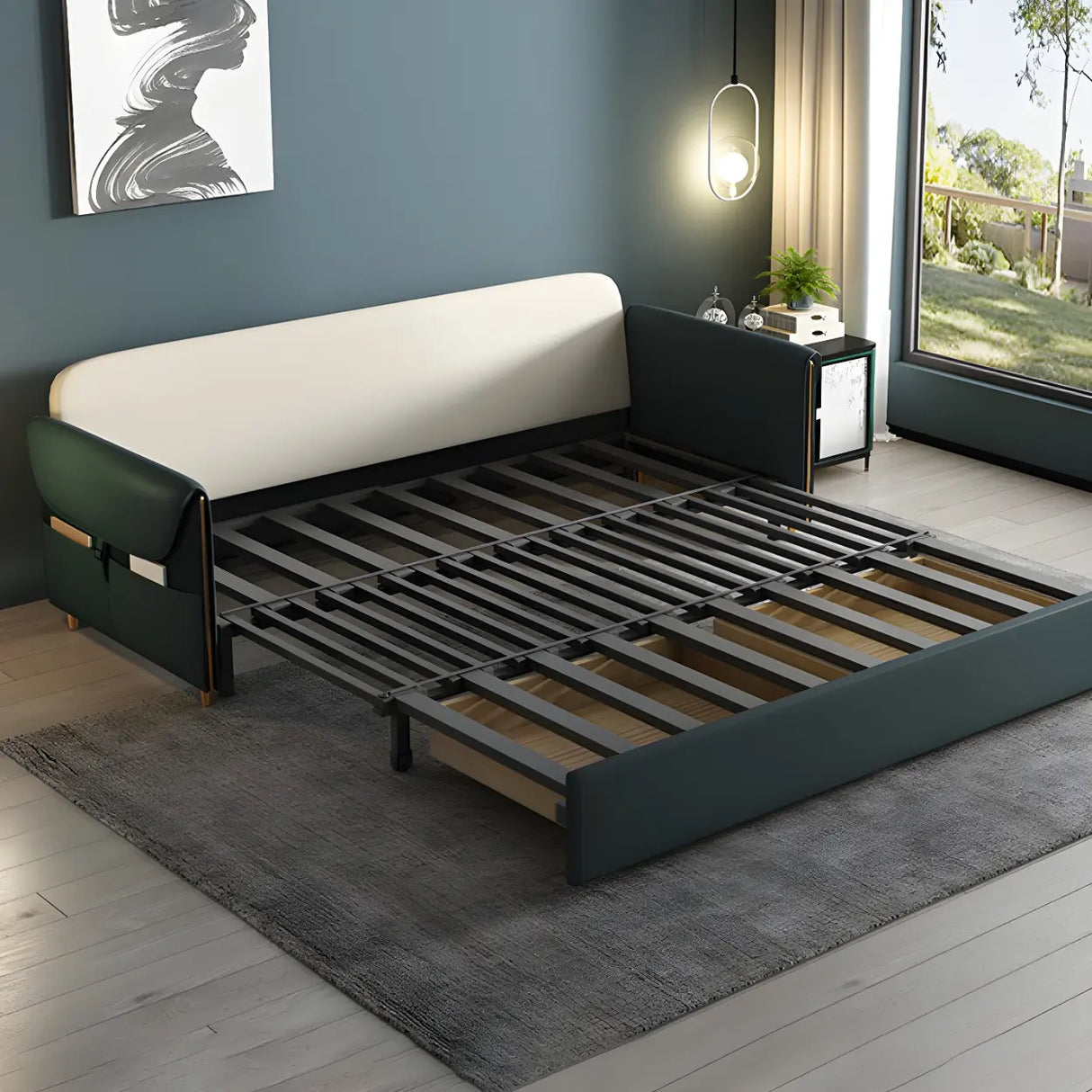 Green Stain Resistant Storage Sofa Bed with Slipcover Image - 3
