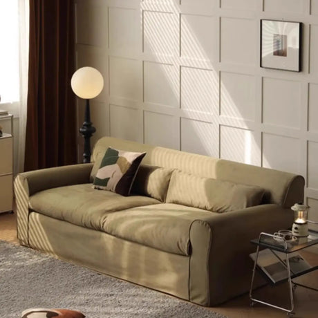Green Suede Round Arm Cushion Back Sofa with Slipcover Image - 1