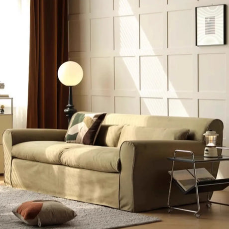 Green Suede Round Arm Cushion Back Sofa with Slipcover Image - 2