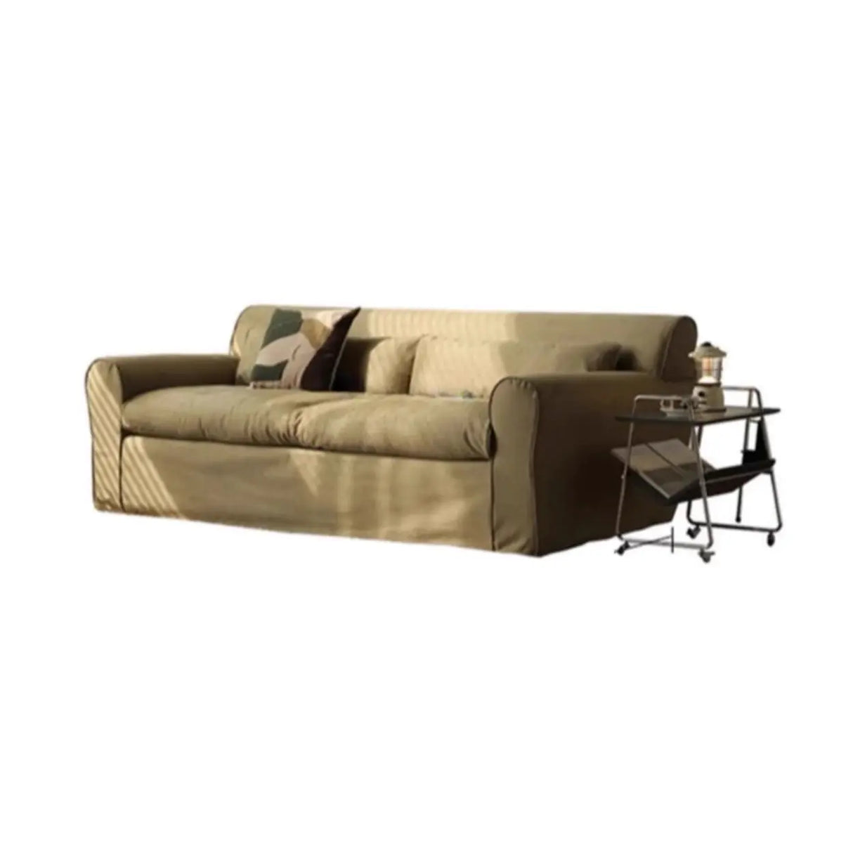 Green Suede Round Arm Cushion Back Sofa with Slipcover Image - 5